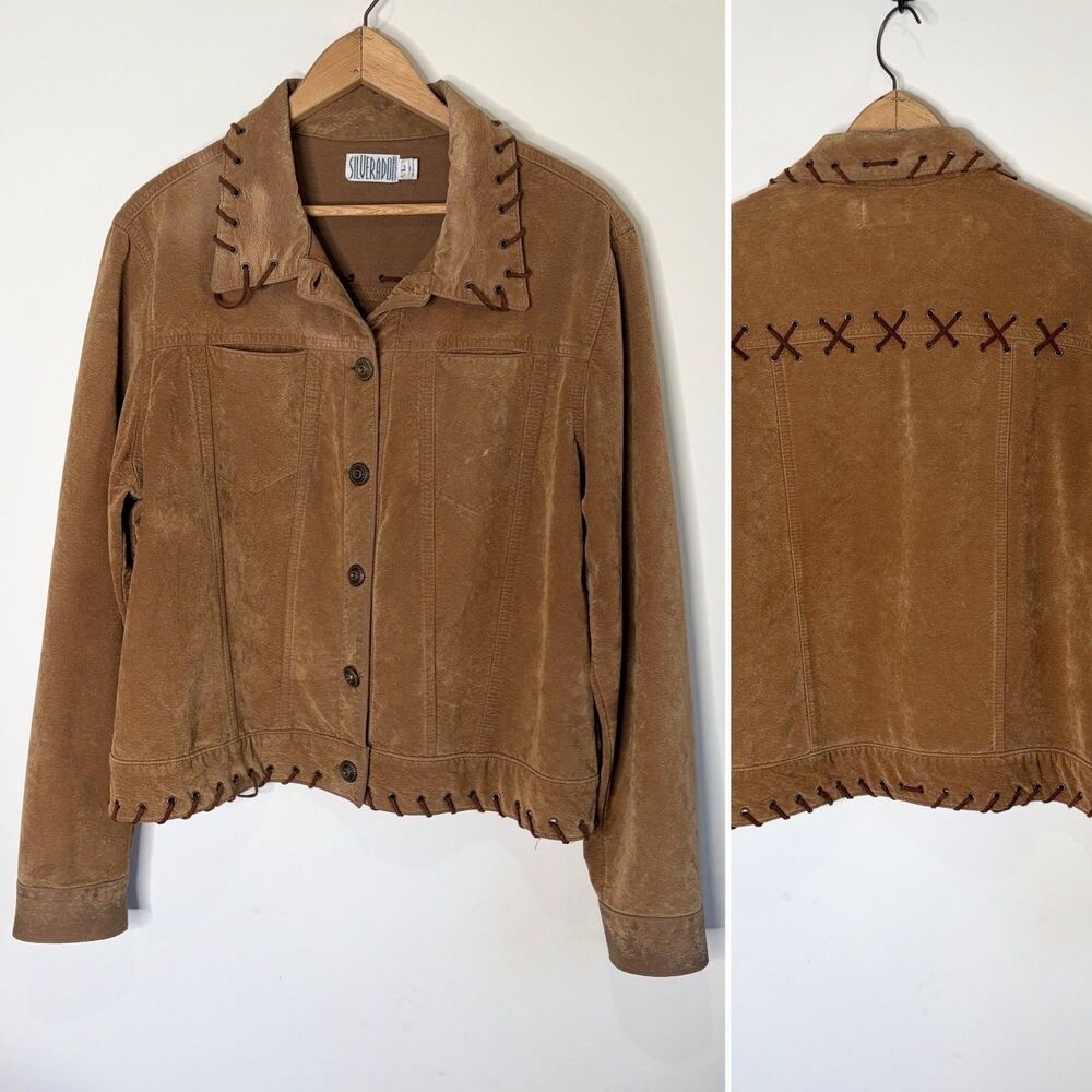 Vintage Silverado Faux Suede Leather Jacket Brown Stitched Western Boho Adult L